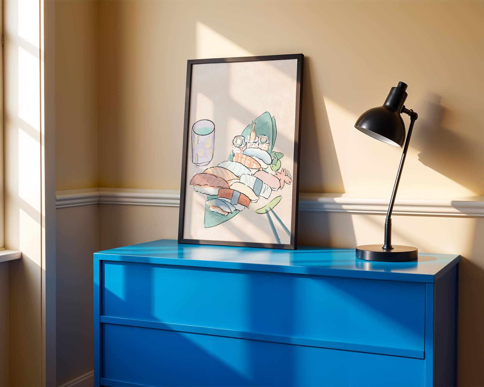 Illustrierte Sushi-Platte mit verschiedenen Sushi und Getränken