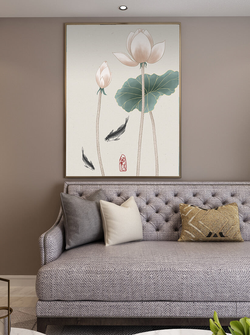 Lotus flowers and koi fish in minimalist Asian art illustration