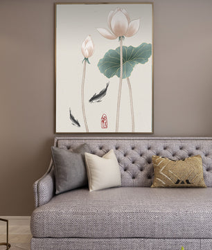 Fleurs de lotus et carpes koï dans une illustration d’art asiatique minimaliste