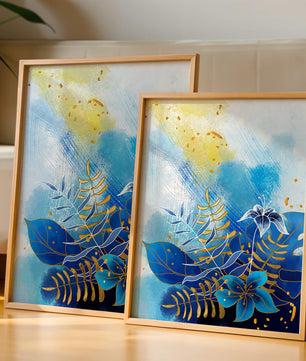 Floral illustration with blue leaves and golden accents on abstract background