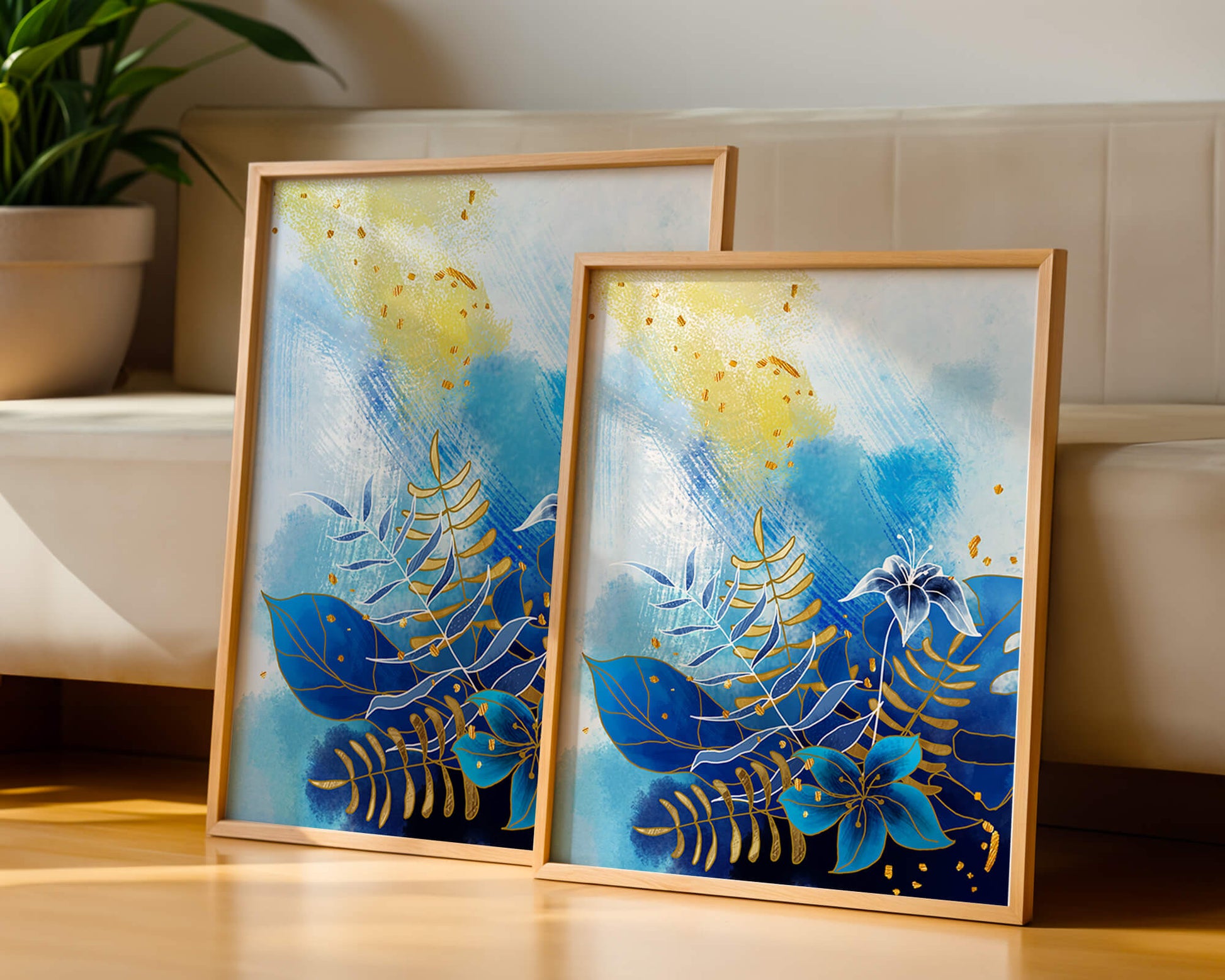Floral illustration with blue leaves and golden accents on abstract background