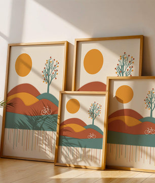 Abstract landscape with bicycle and tree in vibrant colors