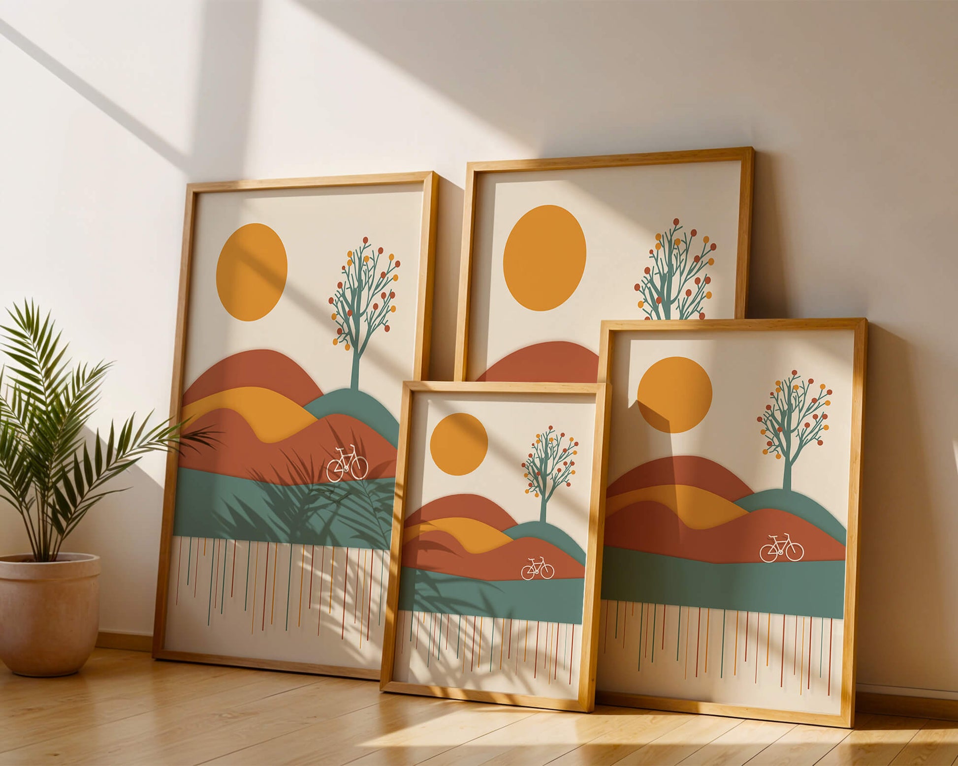 Abstract landscape with bicycle and tree in vibrant colors