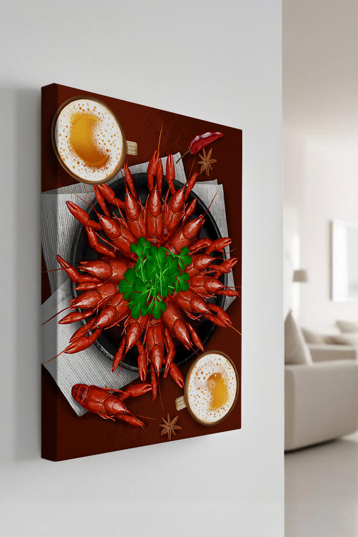 Gourmet seafood platter with crayfish and coffee cups