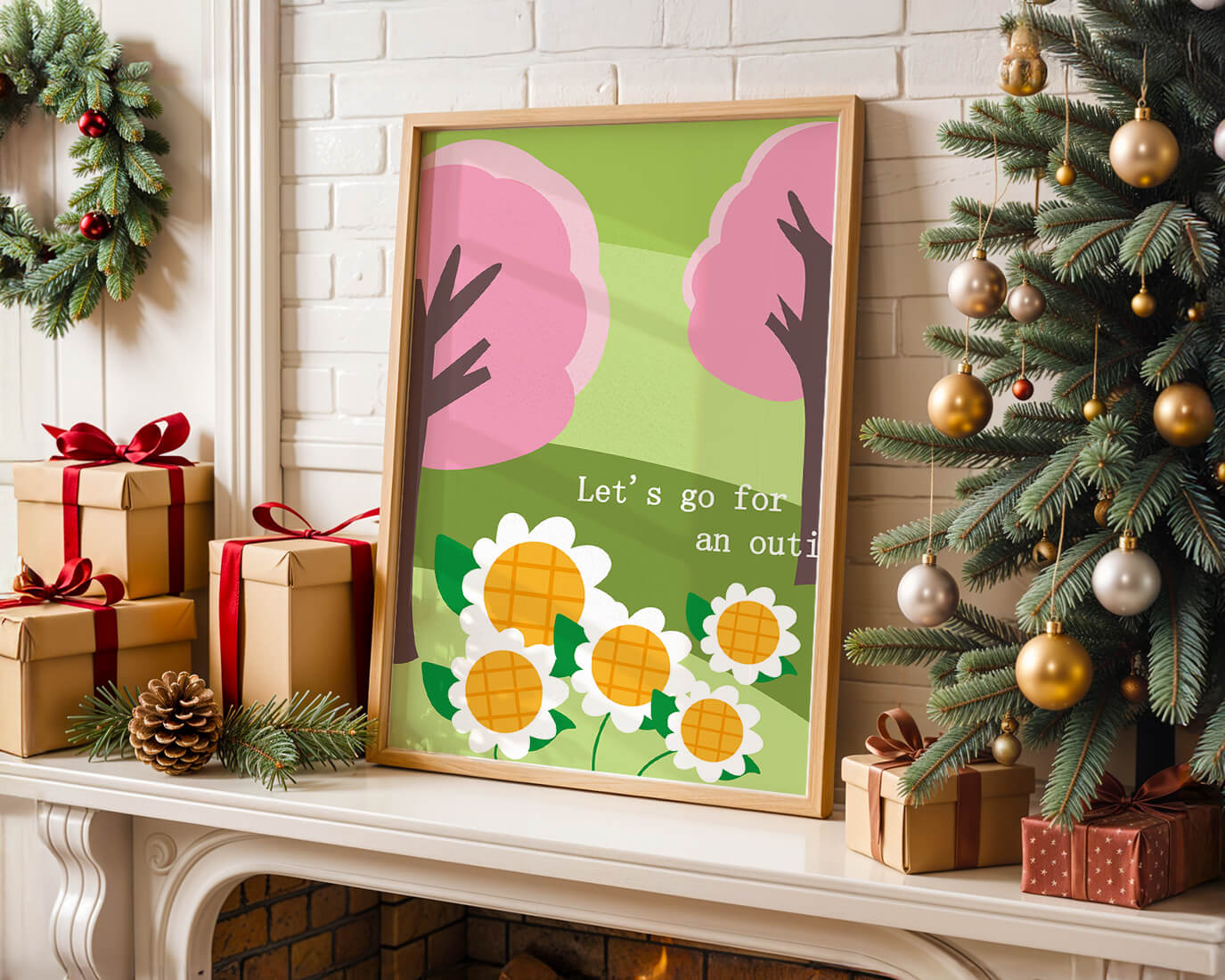 Charming spring landscape with pink trees and daisies