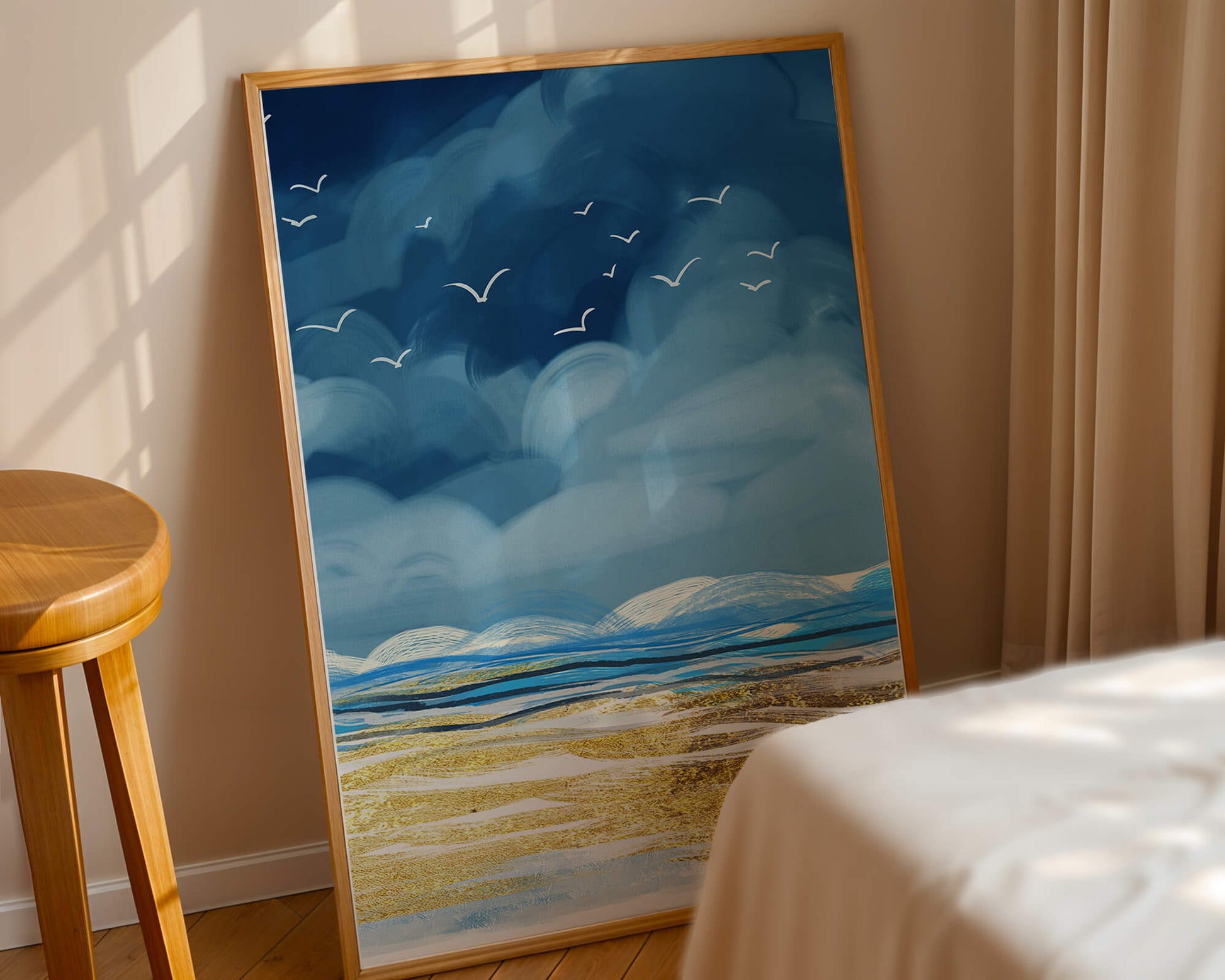 Seascape with Birds in a Vibrant Blue and Gold Palette
