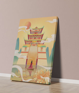 Ancient temple with serene landscape and vibrant colors artwork