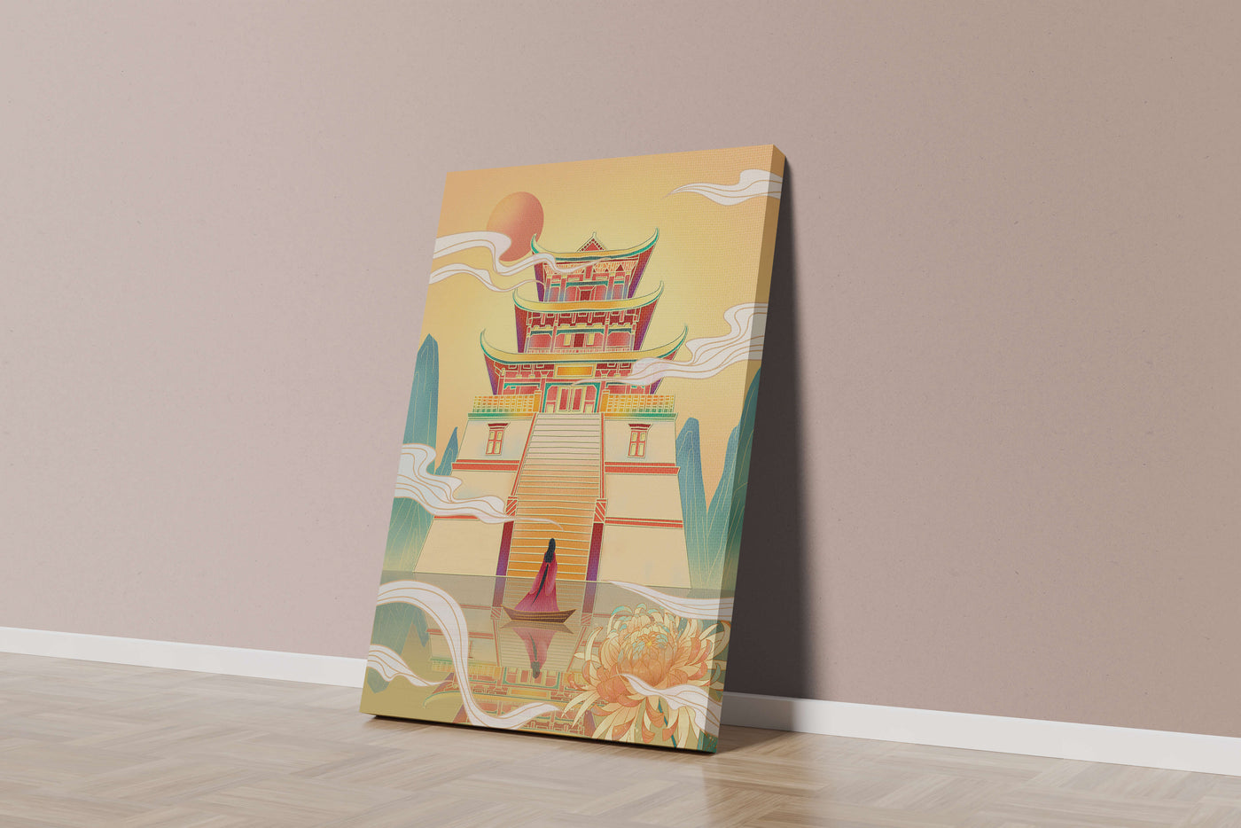 Ancient temple with serene landscape and vibrant colors artwork
