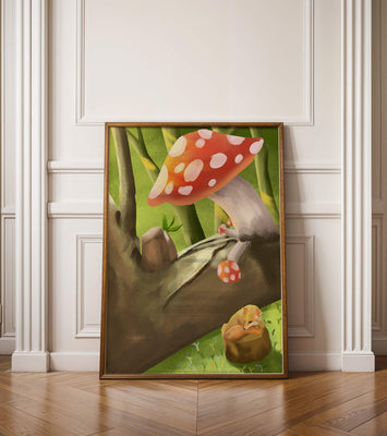 Charming forest scene with a fox resting under mushrooms
