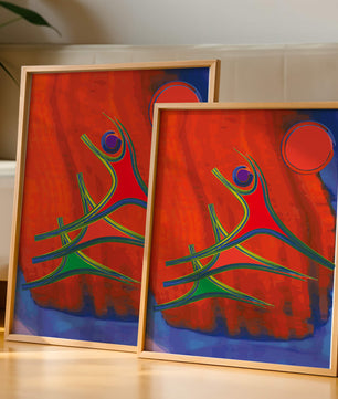Abstract colorful artwork with dynamic figures and bold colors
