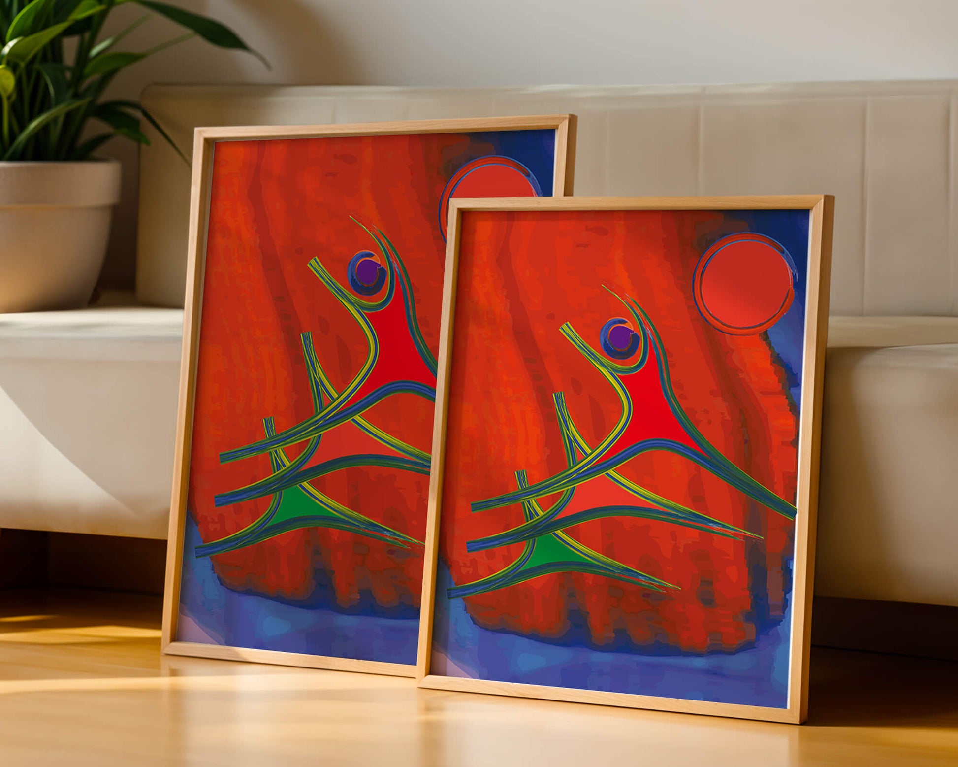 Abstract colorful artwork with dynamic figures and bold colors