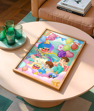 Colorful clown-themed children's party with balloons and toys