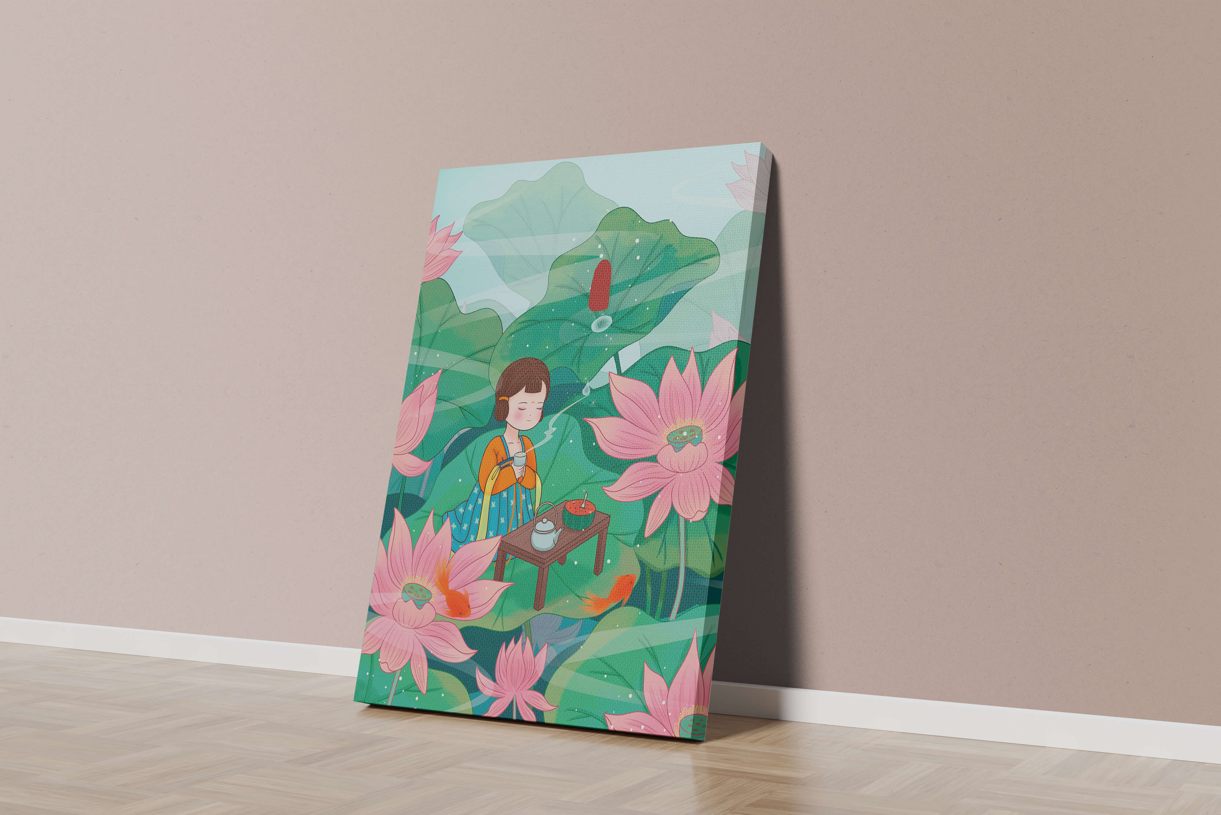 Serene illustration of a girl enjoying tea among lotus flowers