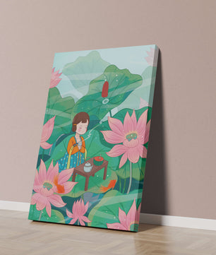 Serene illustration of a girl enjoying tea among lotus flowers