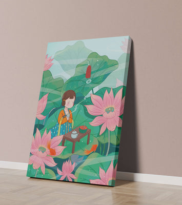 Serene illustration of a girl enjoying tea among lotus flowers