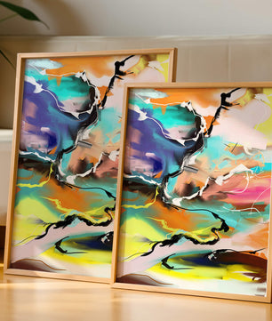 Pintura abstracta colorida con líneas vibrantes y dinámicas