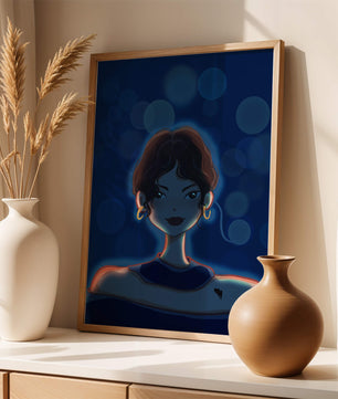 Illustration d'une femme avec des lumières bokeh et des boucles d'oreilles élégantes