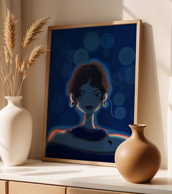Illustration of a woman with bokeh lights and stylish earrings