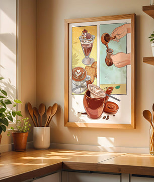 Ilustración artística de café y postre con detalles dorados