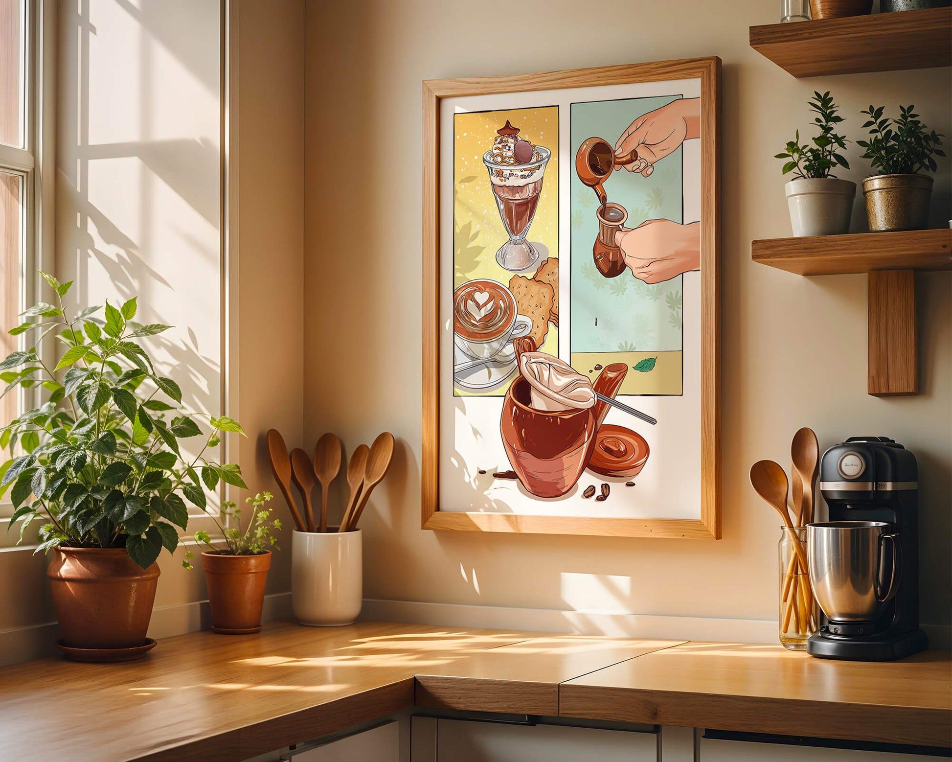 Ilustración artística de café y postre con detalles dorados