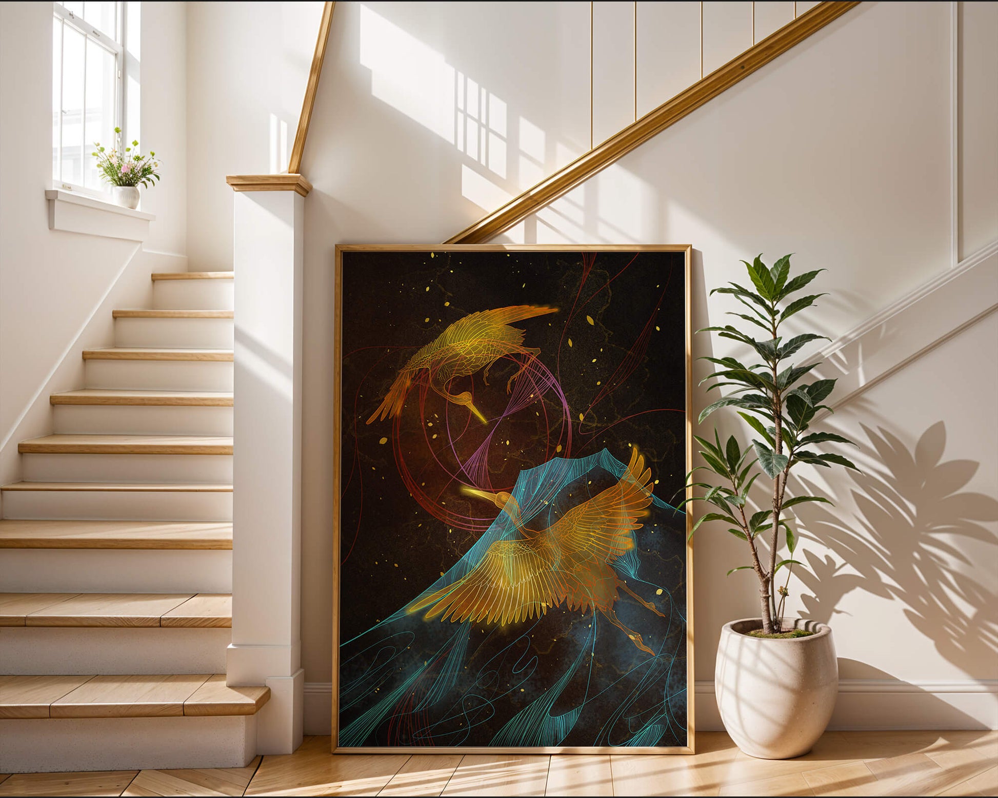 Elegant Cranes in Cosmic Dance with Golden and Blue Accents
