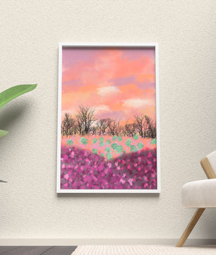 Paisaje sereno con campo floral vibrante y cielo pastel