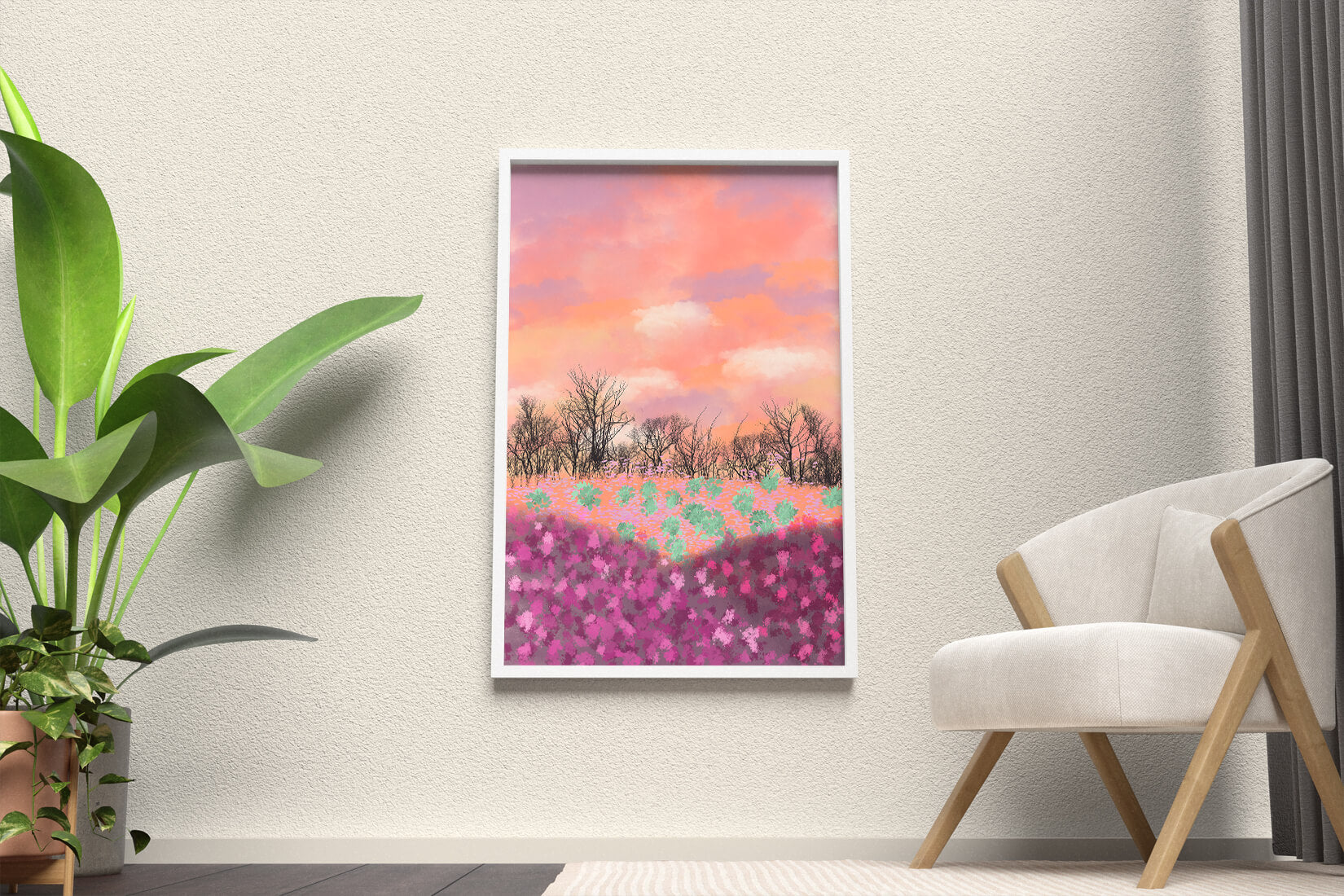 Paisaje sereno con campo floral vibrante y cielo pastel