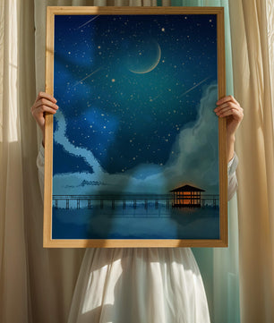 Serene Night Sky with Crescent Moon, Stars, and Pier Over Water