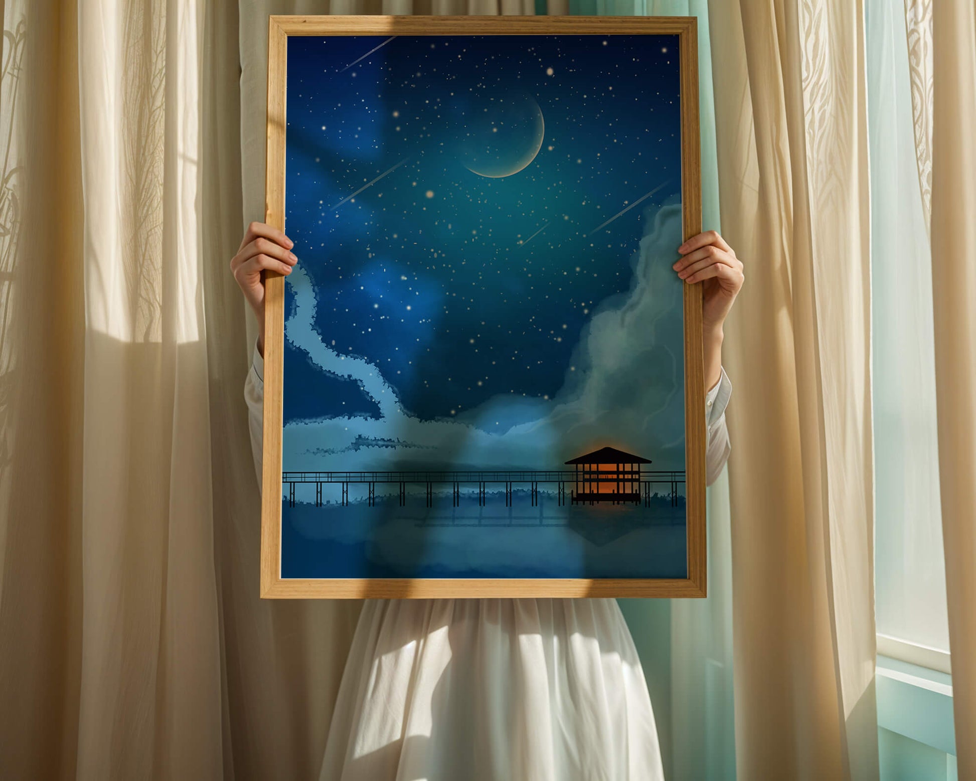 Serene Night Sky with Crescent Moon, Stars, and Pier Over Water