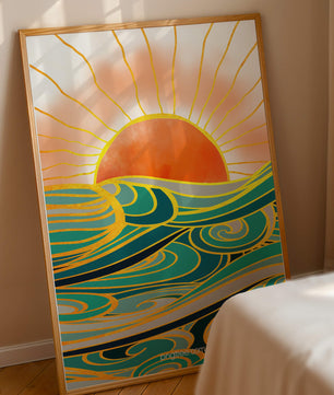 Sunrise over stylized ocean waves with gold accents