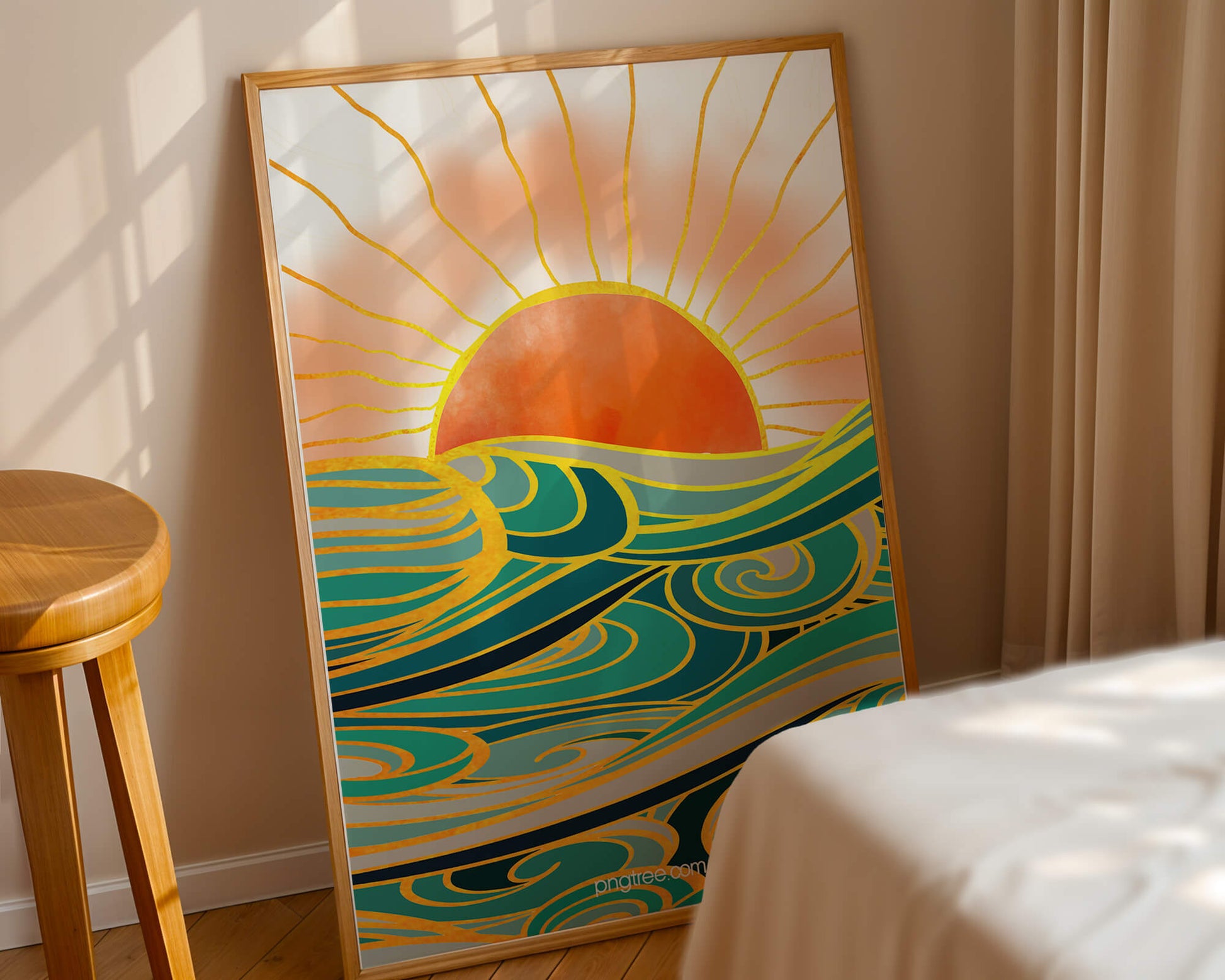 Sunrise over stylized ocean waves with gold accents