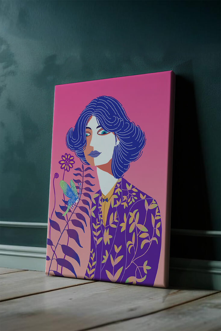 Stylized Portrait of a Woman with Blue Hair and Botanical Pattern