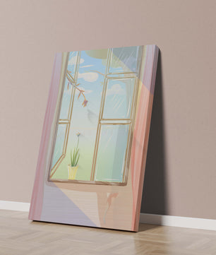 Tranquil open window with floral view and gentle sunlight