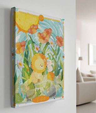 Charming watercolor illustration of lion and rabbit in a vibrant floral landscape