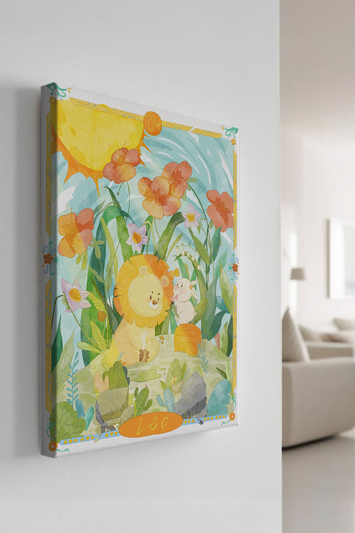 Charming watercolor illustration of lion and rabbit in a vibrant floral landscape