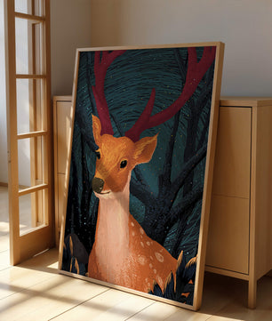 Ilustración majestuosa de un ciervo en un bosque místico