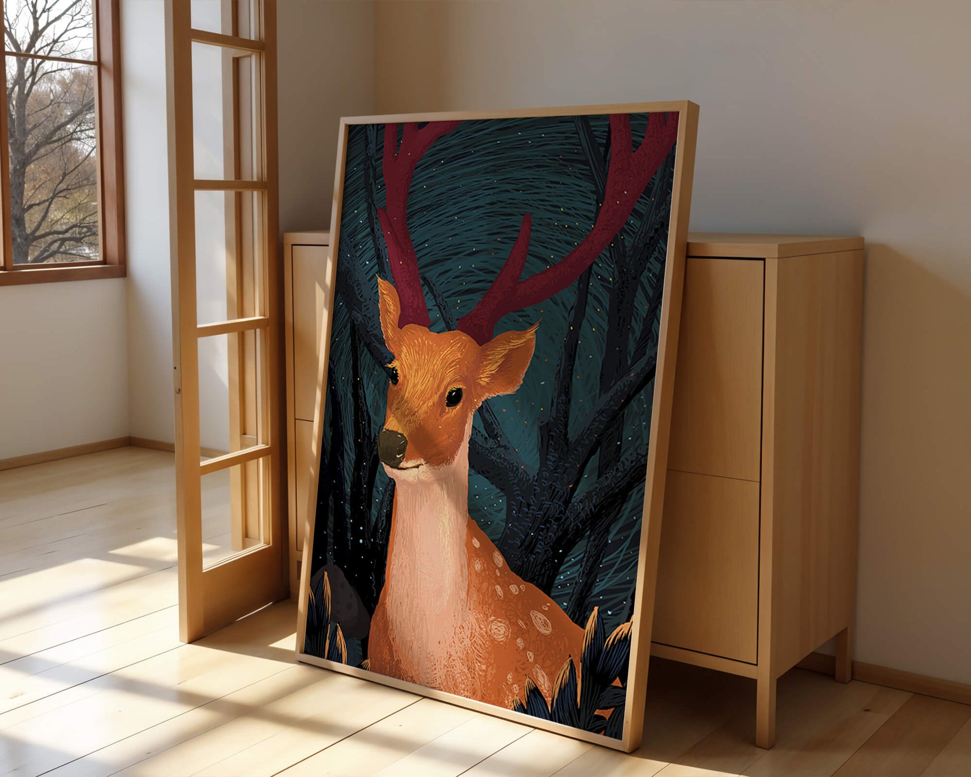 Ilustración de un majestuoso ciervo en un bosque místico
