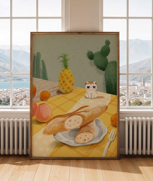 Gato con gafas de sol en un entorno tropical con baguettes y frutas