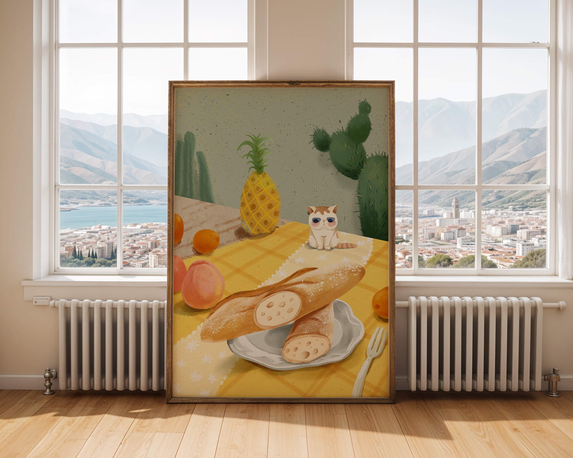 Gato con gafas de sol en un entorno tropical con baguettes y frutas