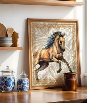 Elegant horse illustration with ornate golden frame