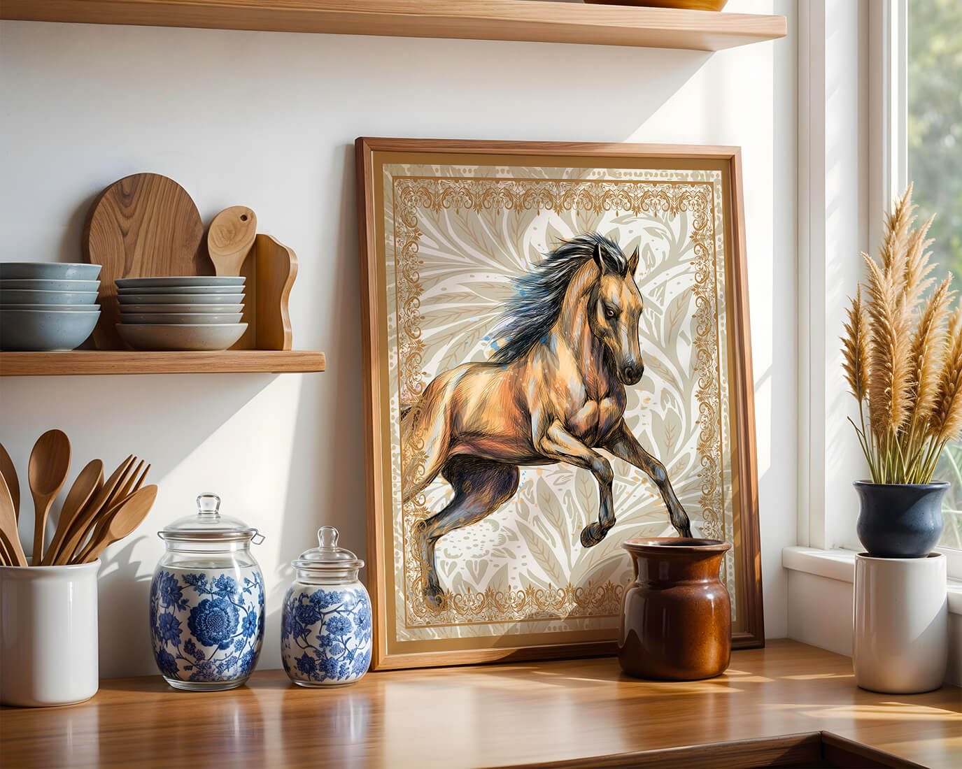 Elegant horse illustration with ornate golden frame