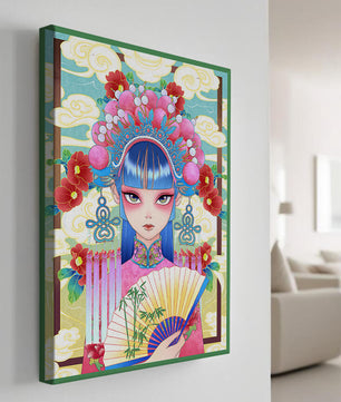 Ilustración elegante inspirada en el arte asiático con tocado elaborado y motivos florales