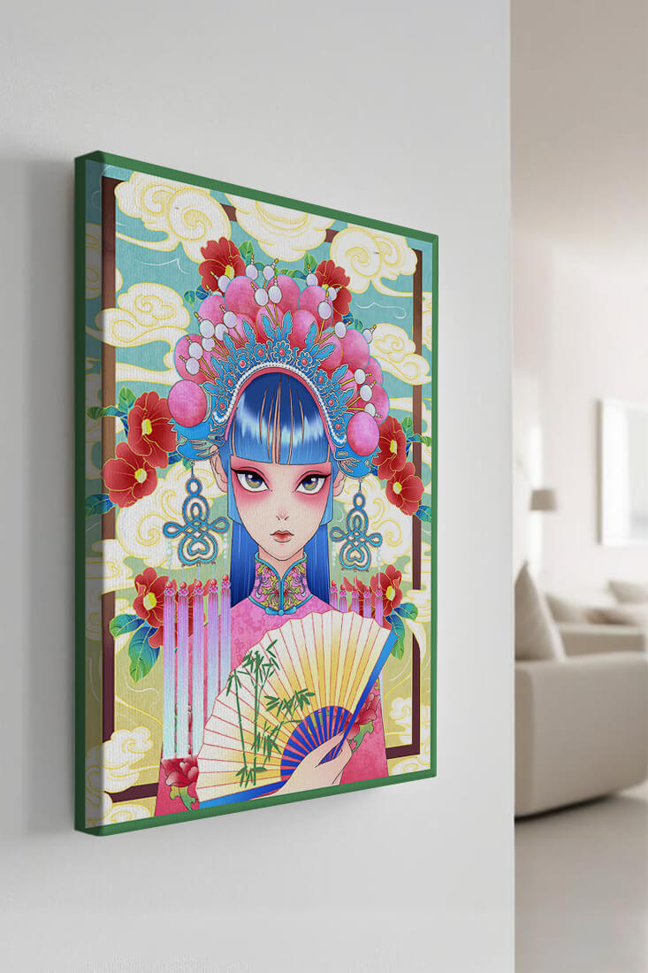 Ilustración elegante inspirada en el arte asiático con tocado elaborado y motivos florales