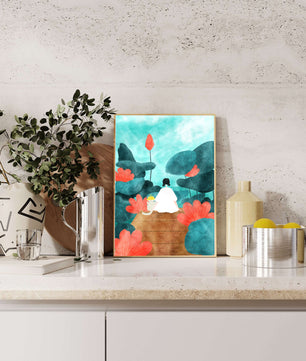 Serene scene with a person and cat among large leaves and flowers
