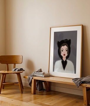Illustration of a woman in a cat hoodie on a soft gray background