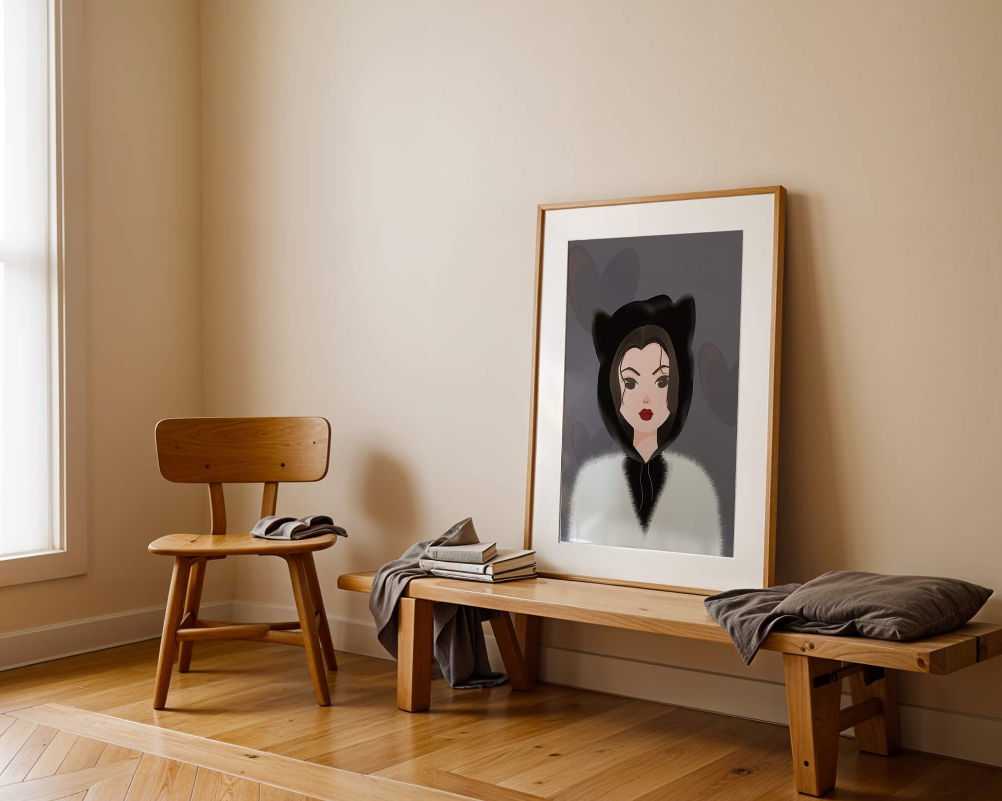 Illustration of a woman in a cat hoodie on a soft gray background