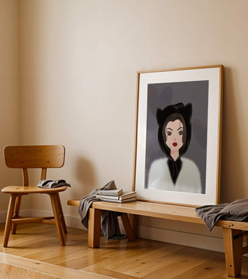 Illustration of a woman in a cat hoodie on a soft gray background