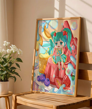 Scène de dessert fantaisiste avec un personnage mignon et des couleurs vives
