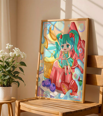 Whimsical dessert scene with cute character and vibrant colors