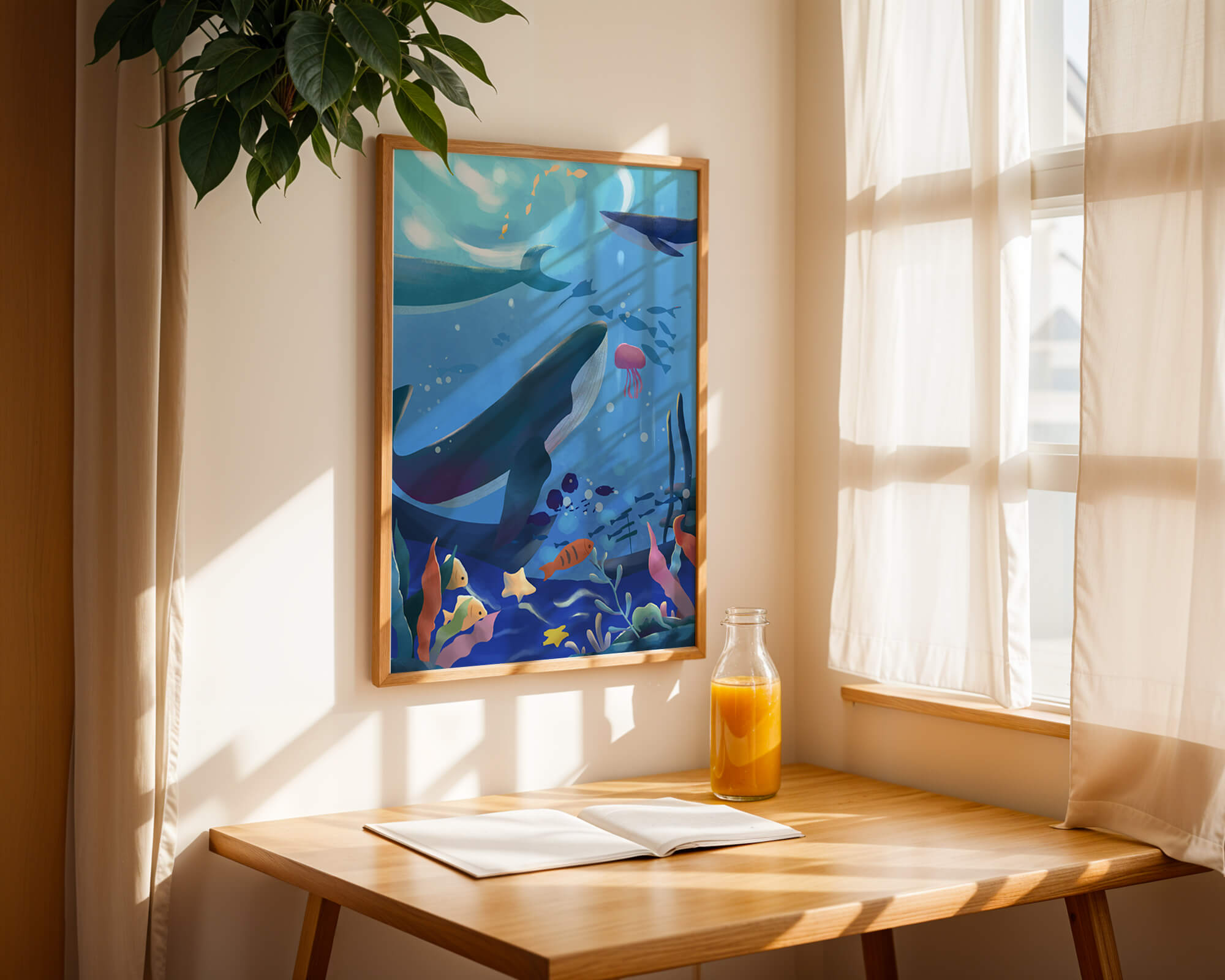 Underwater scene with whales, fish, and coral reef